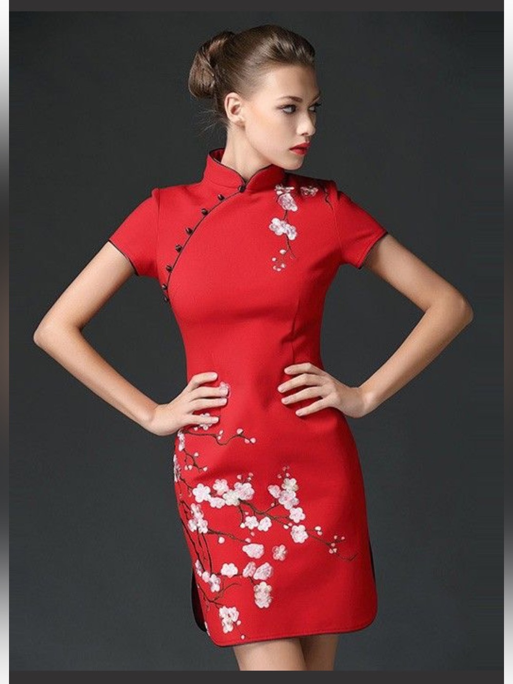 Chinese Cheongsam, Qipao Traditional Qun Kwa Red Cherry Blossom Asian Dress